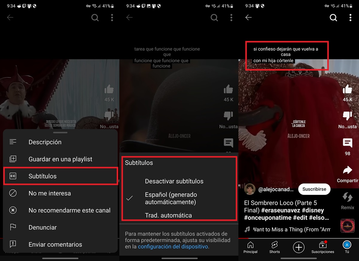 como activar o desactivar subtitulos en youtube shorts movil