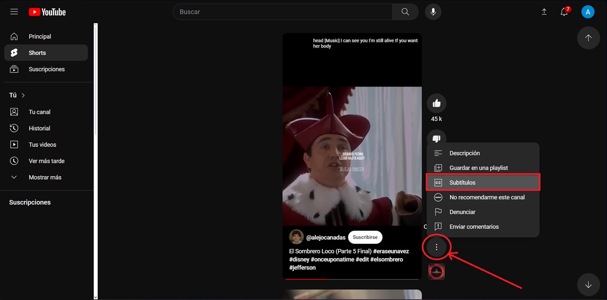 como activar o desactivar subtitulos en youtube shorts pc