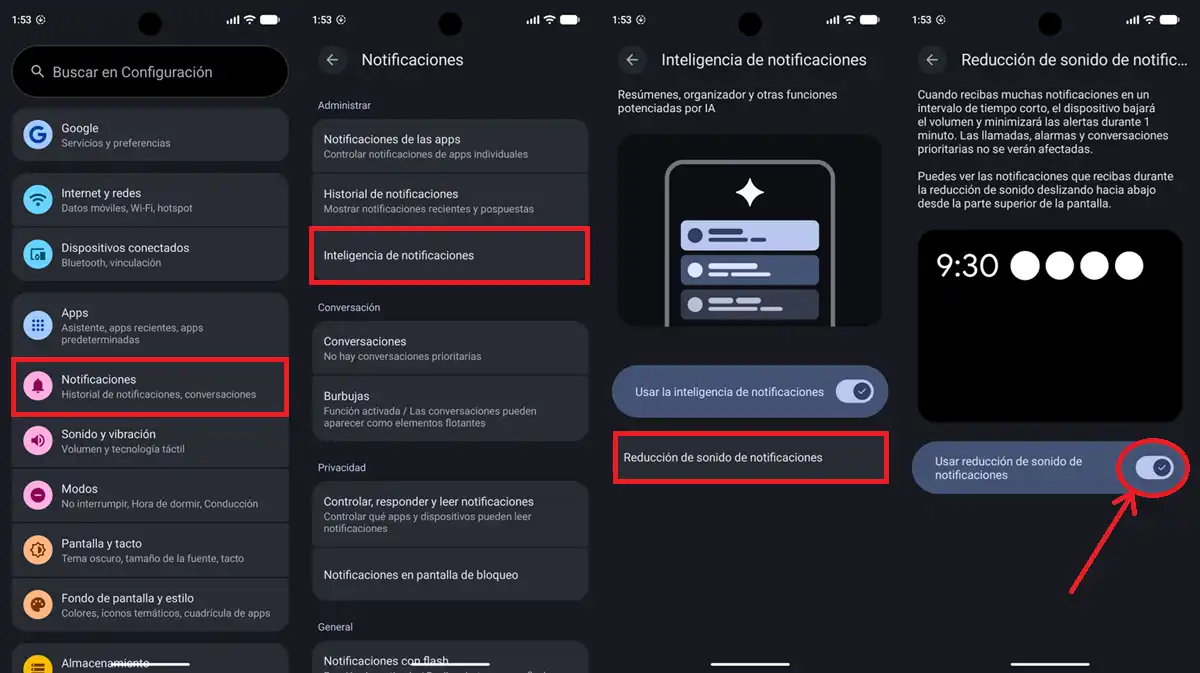 como activar reduccion de sonido de notificaciones android