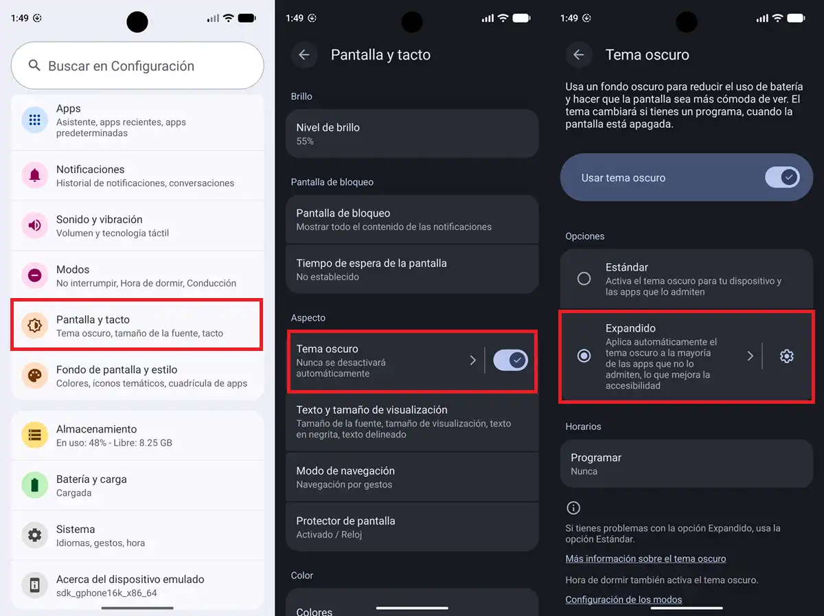 como activar tema oscuro expandido en android (modo oscuro para todas las apps)