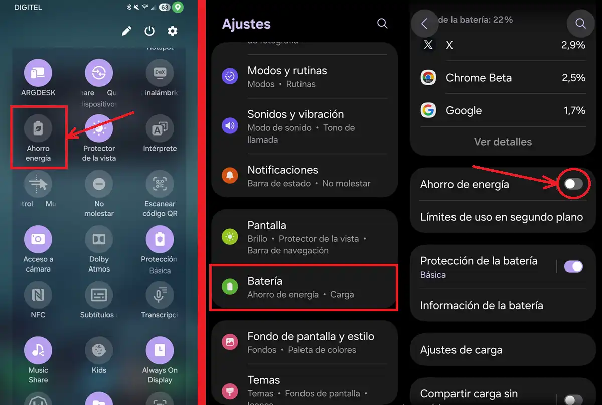 como apagar el modo de ahorro de bateria en samsung