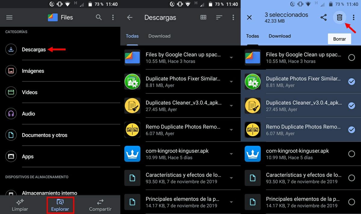 como borrar archivos decargados android google files
