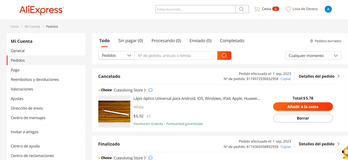 como borrar el historial de pedidos de aliexpress desde ordenador