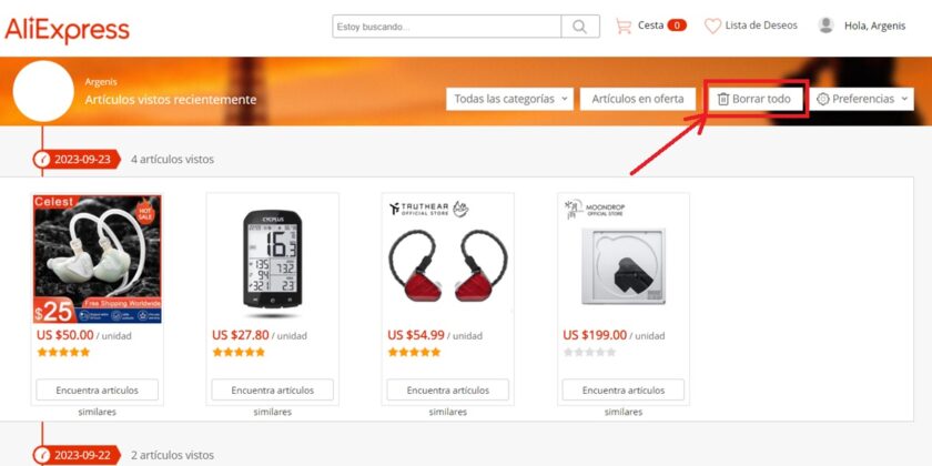 como borrar todo el historial de aliexpress desde ordenador