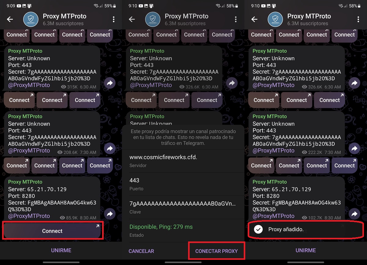 como conectarse a Proxy MTProto en telegram