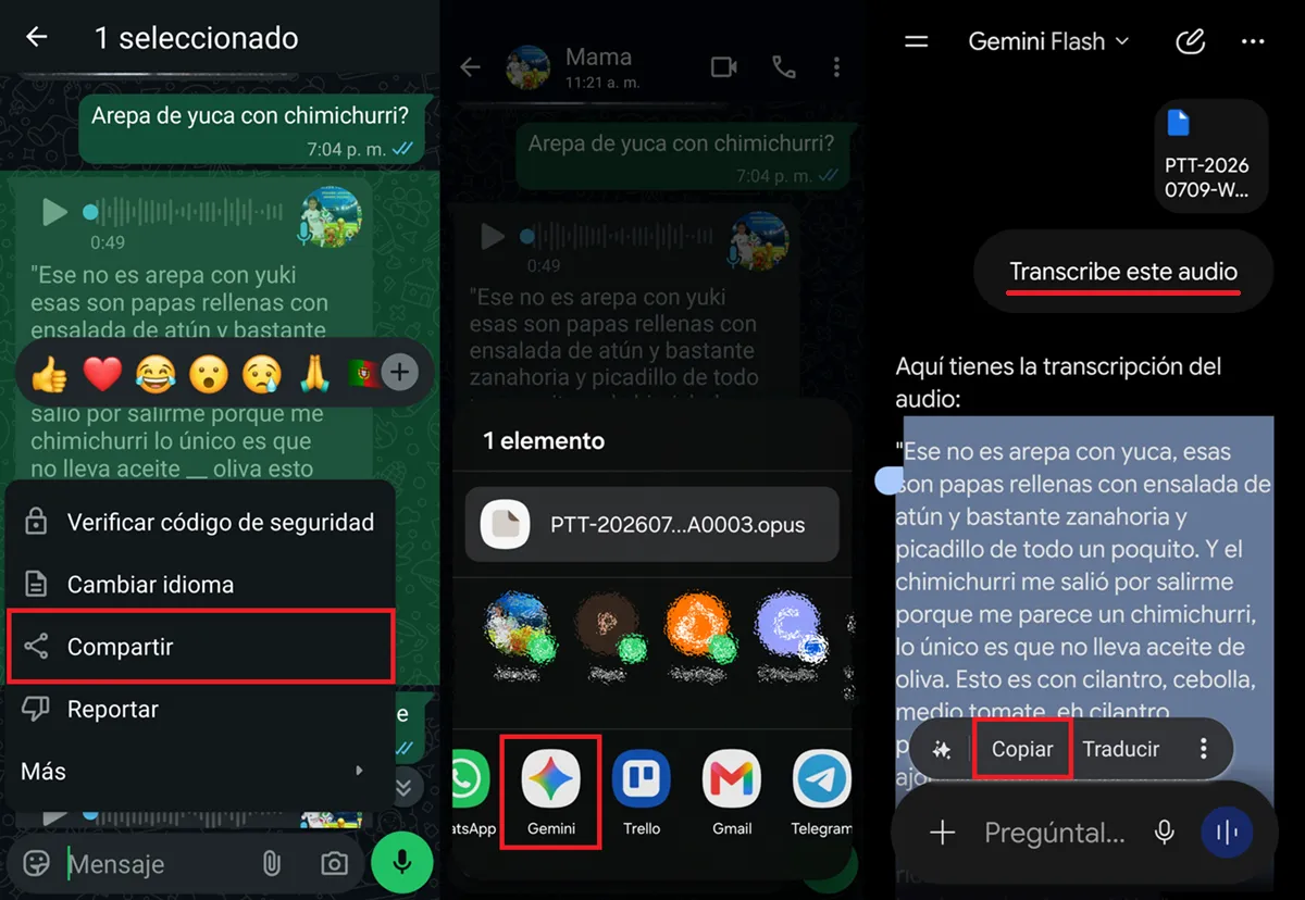como copiar transcripcion de audio en WhatsApp