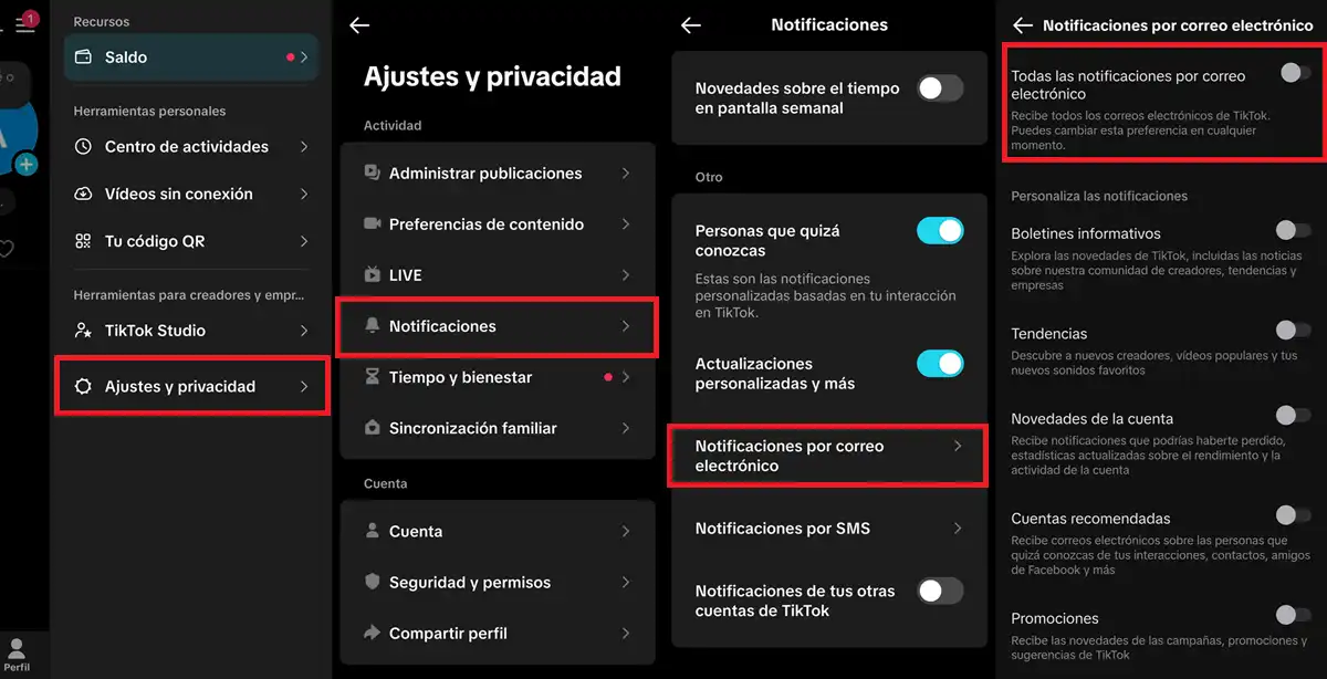 como dejar de recibir correos de tiktok