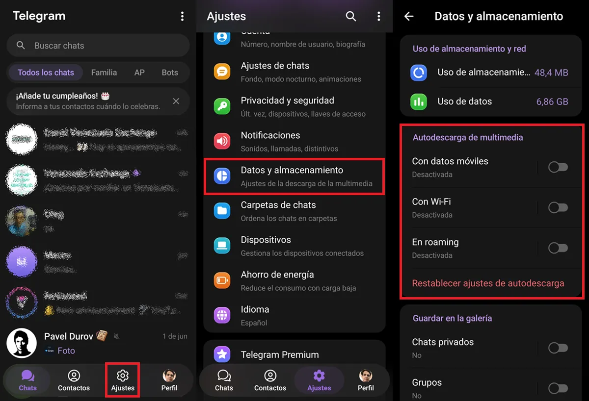 como desactivar descarga automatica de videos en telegram