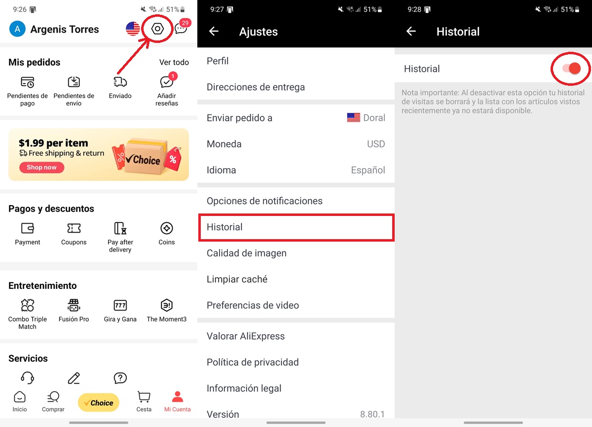 como desactivar el historial de aliexpress desde movil