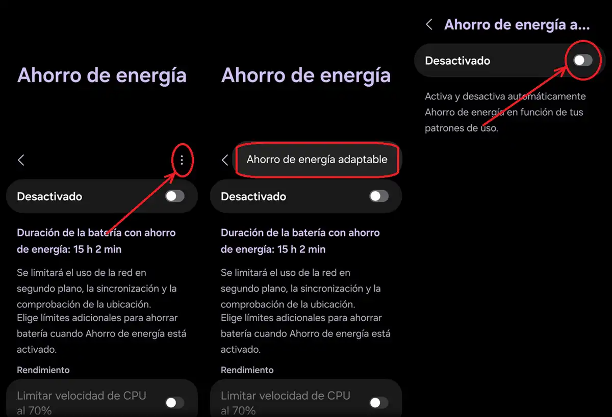 como desactivar modo ahorro de energia adaptable en samsung