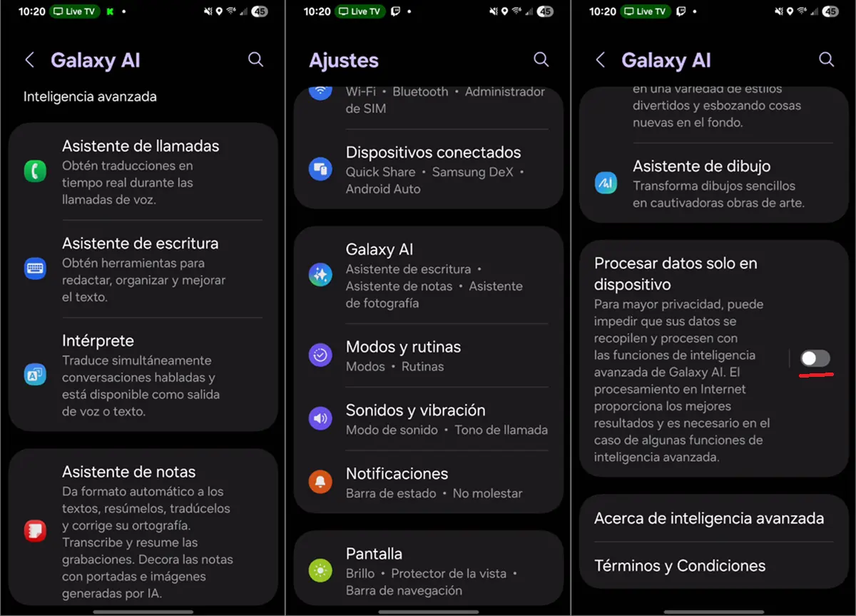 cómo desactivar la IA local sólo en Samsung Galaxy