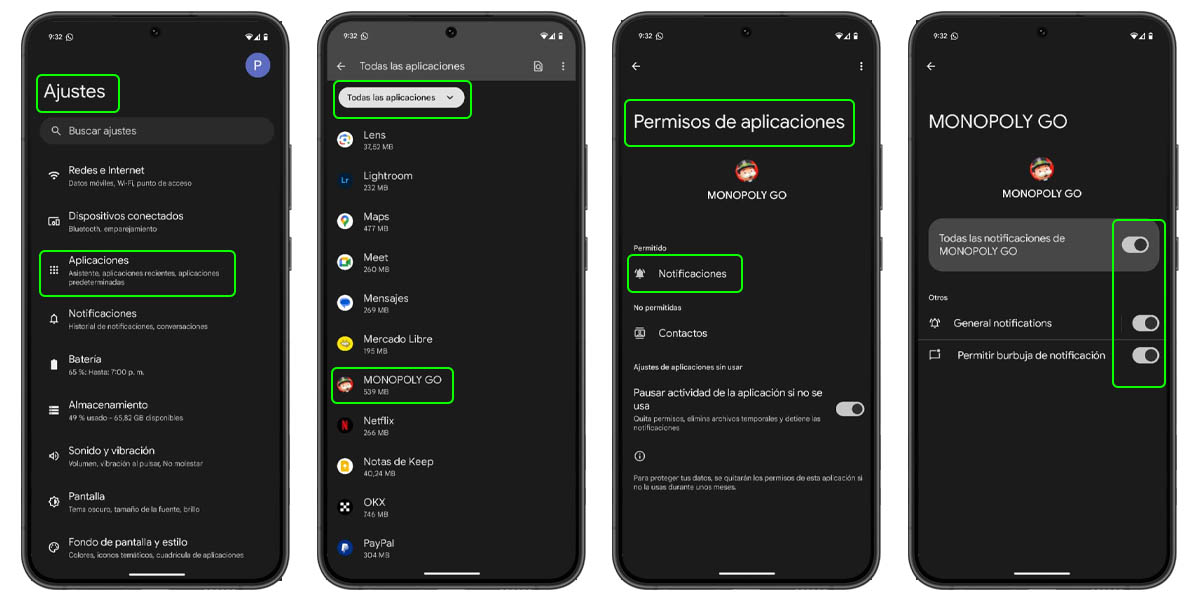 como desactivar todas las notificaciones monopoly go ajustes android