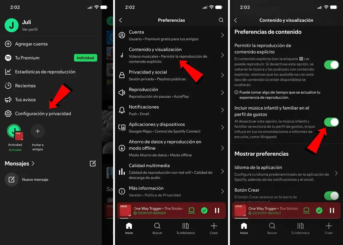 como excluir la musica infantil la musica de mis hijos de Spotify algoritmo