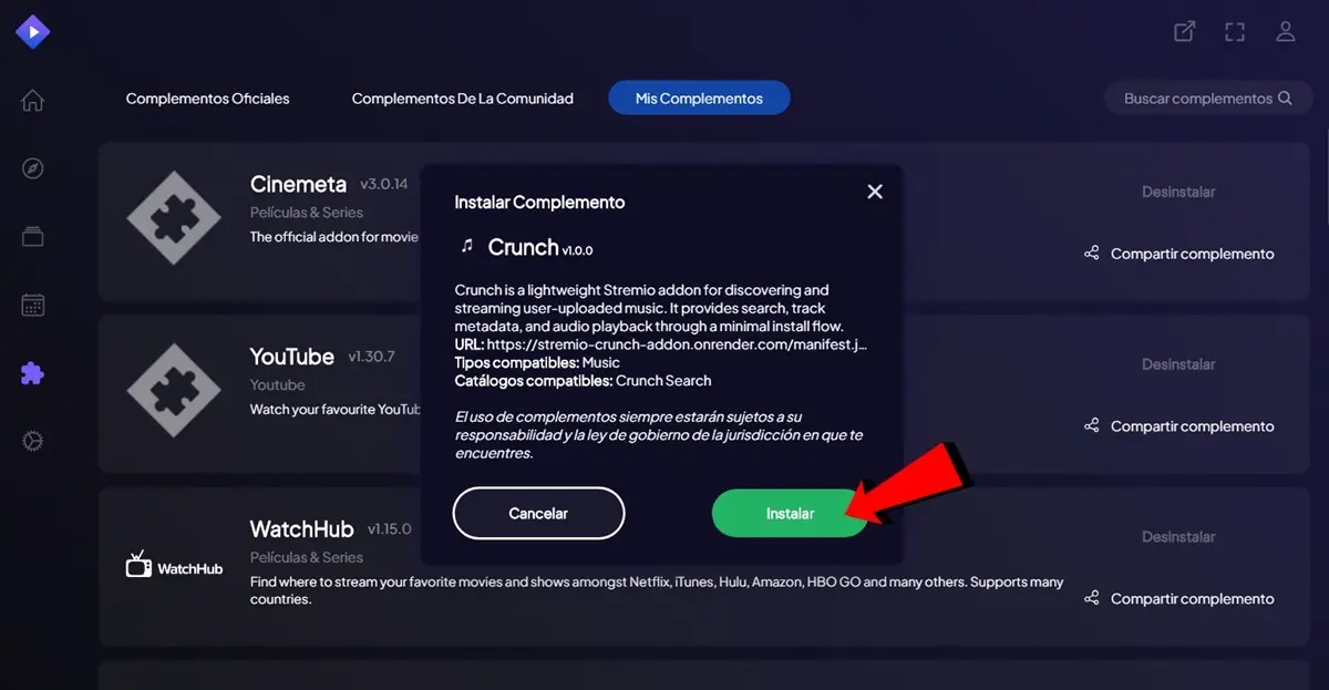 como instalar el addon crunch en Stremio para escuchar musica