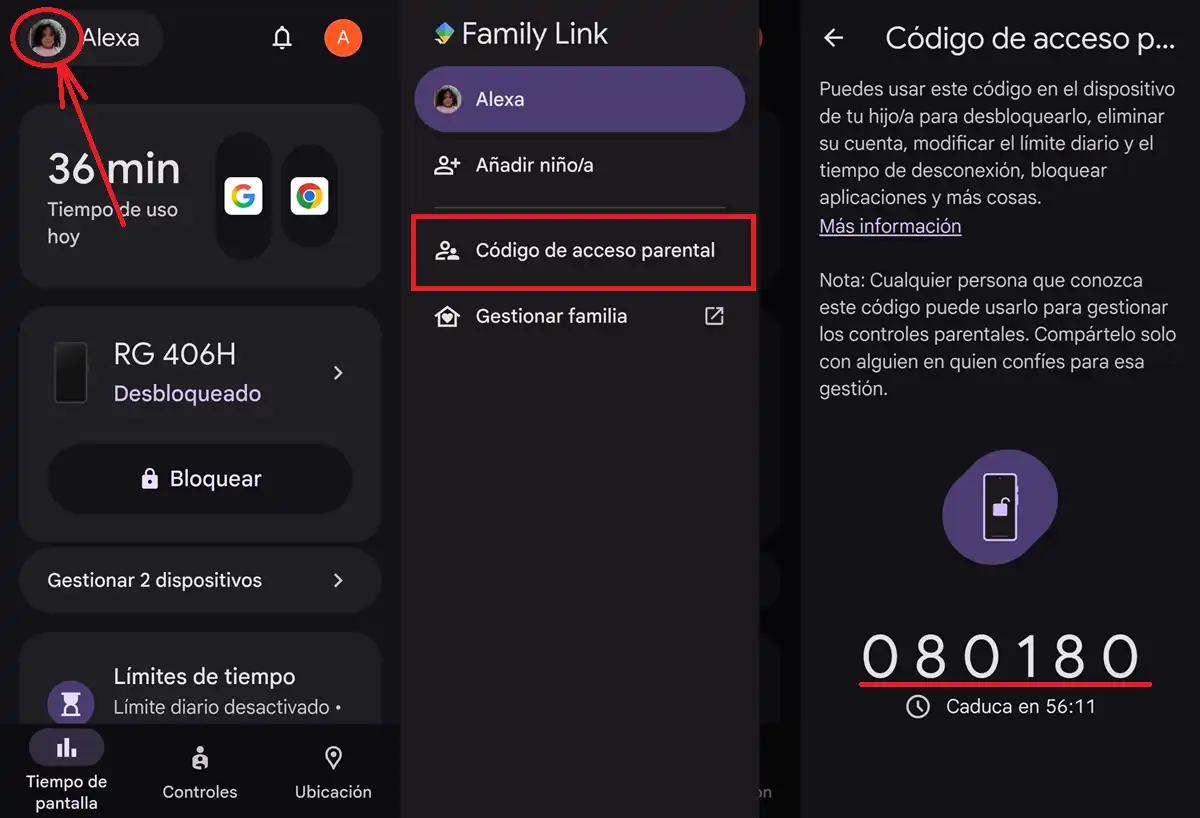 como obtener codigo de acceso parental family link