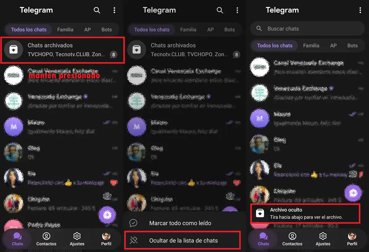 como ocultar chats archivados Telegram