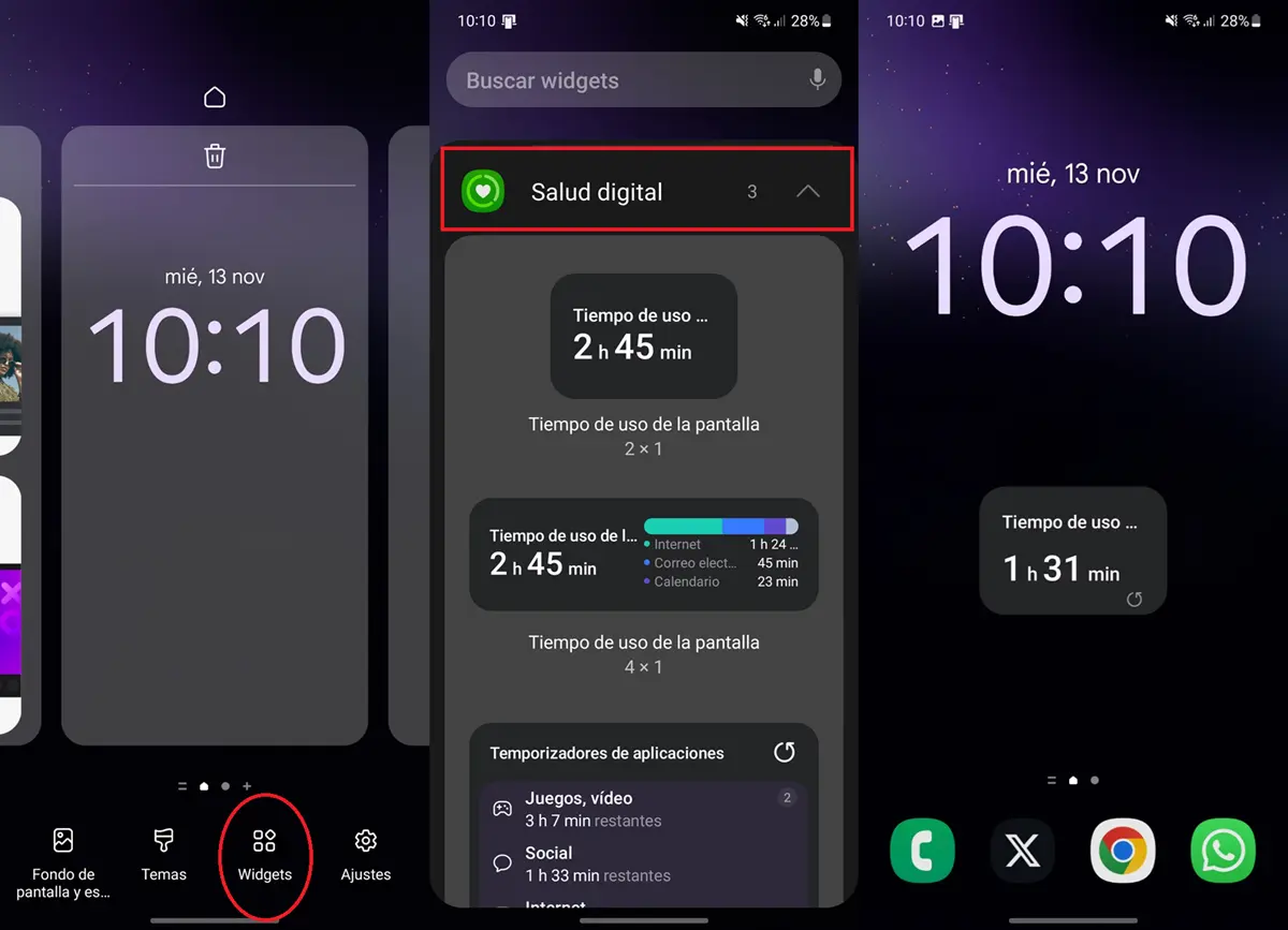 como poner widget de tiempo de uso en movil samsung