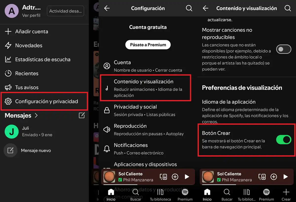 como quitar poner boton crear de spotify