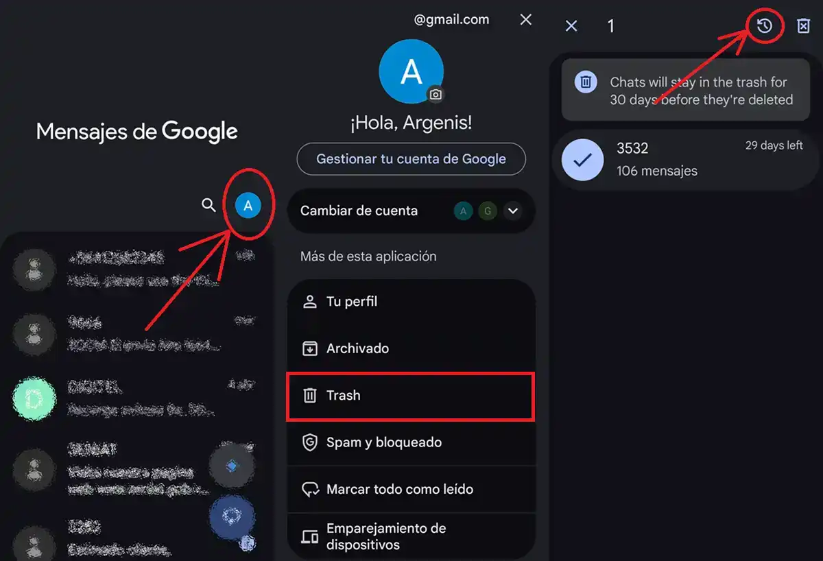 como recuperar chats en app mensajes de google