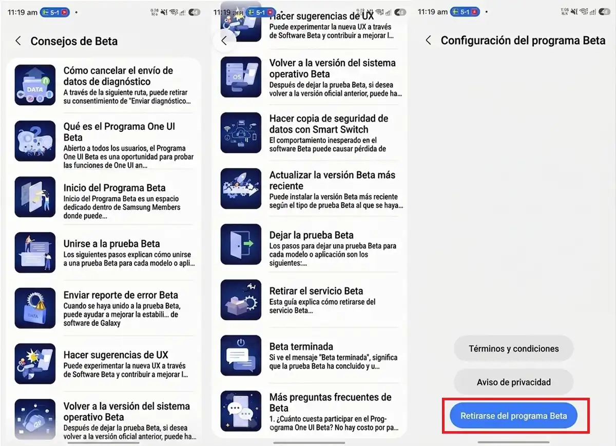 como salir de beta de one ui samsung