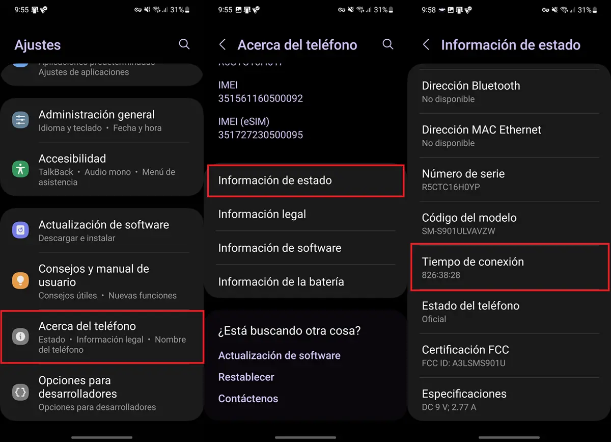 como ver el tiempo de uso de un movil samsung desde que se encendio