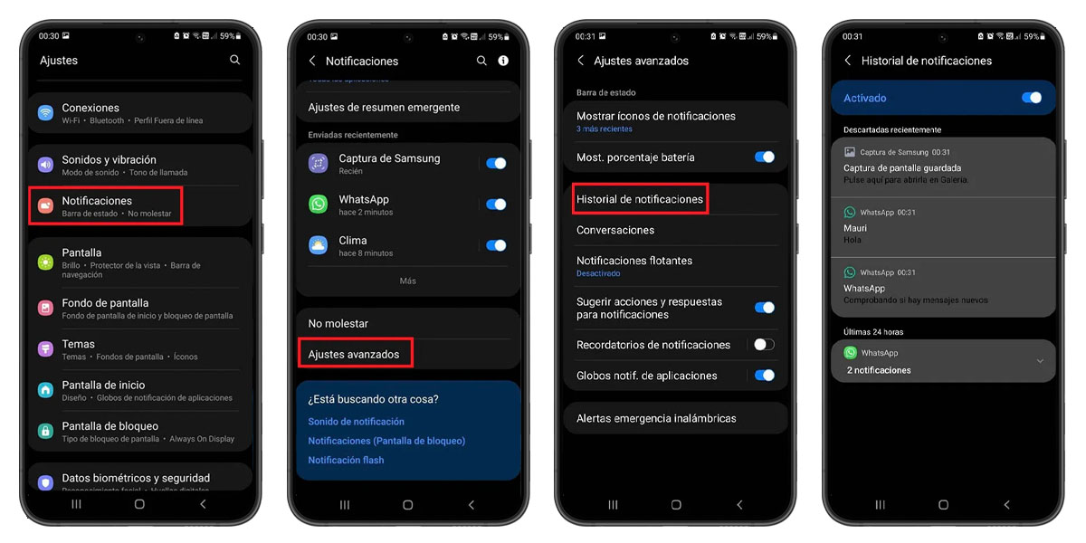 como ver historial notificaciones de whatsapp samsung galaxy