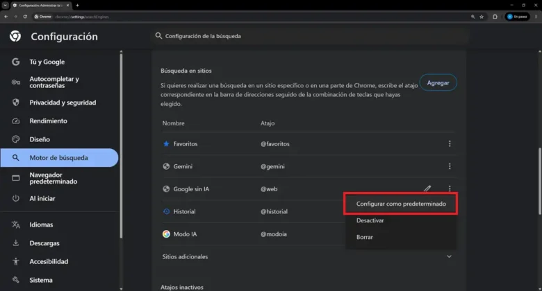 configurar como predeterminado el modo web de google en chrome para ordenador