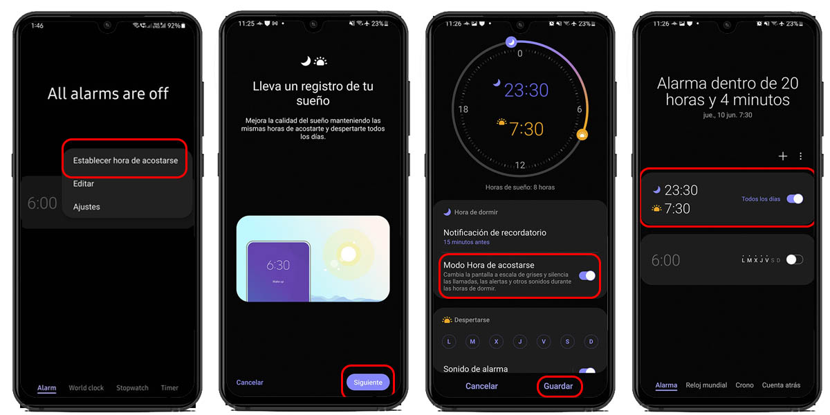 configurar hora de acostarse samsung