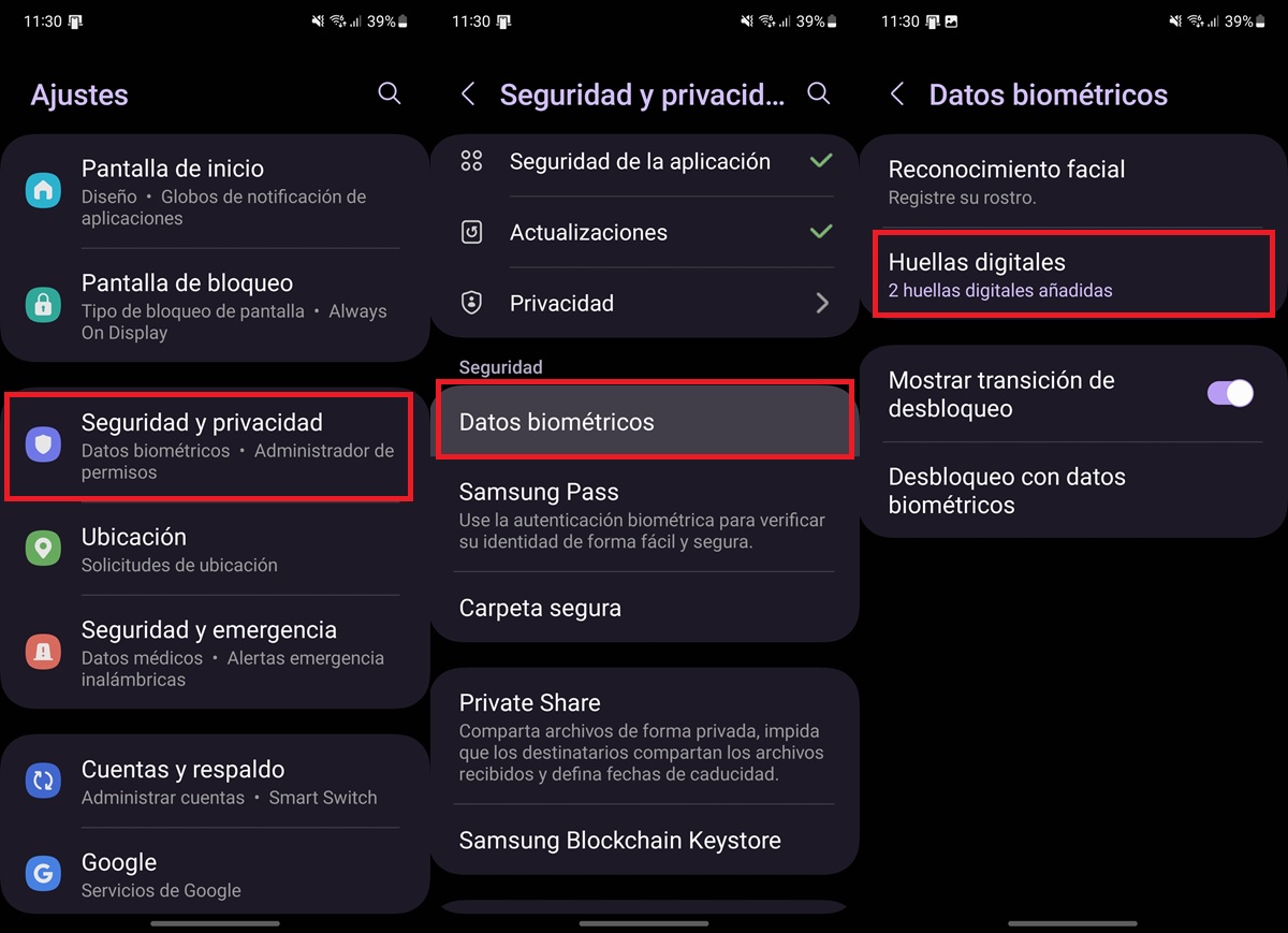 configurar las huellas digitales agregadas en movil android