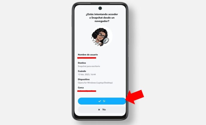 confirma en tu movil que estas intentando ingresar a tu cuenta desde Snapchat web