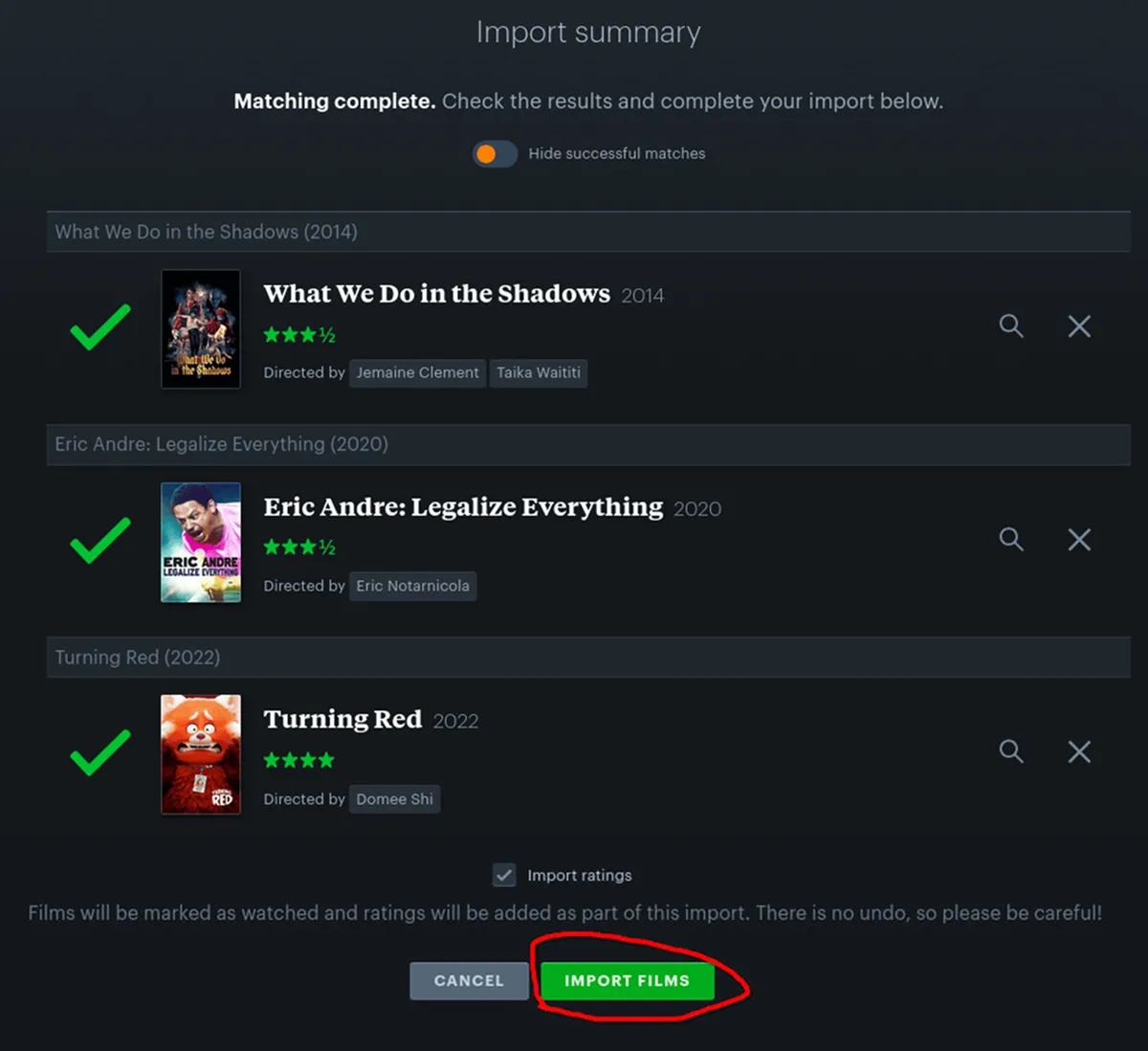 confirma la importacion a letterboxd - exportar filmaffinity a letterboxd