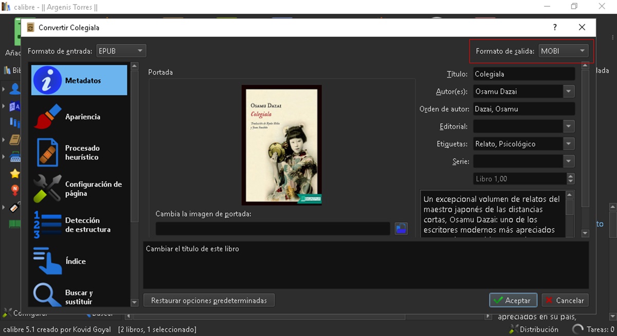 convertir libros epub a mobi en app calibre