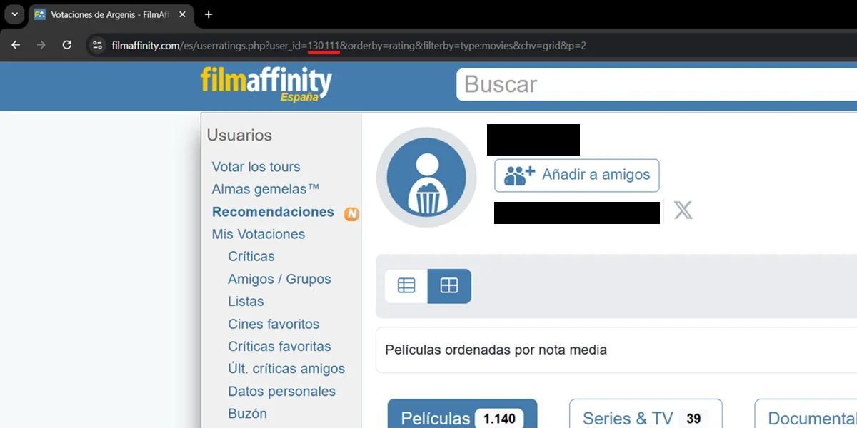 copiar tu id de filmaffinity - exportar filmaffinity a letterboxd
