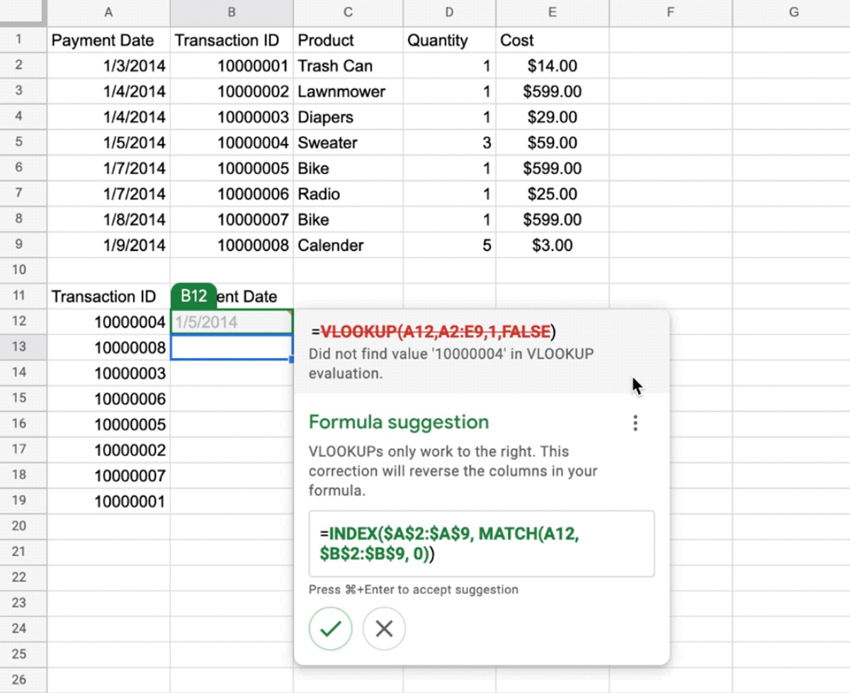 correcion de formulas en google sheets