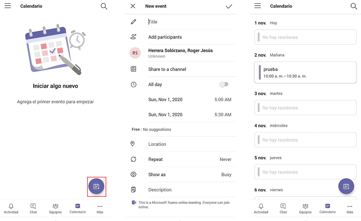 crear eventos en Microsoft Teams