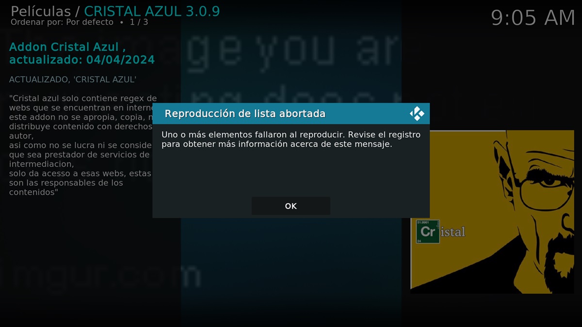 cristal azul 3.0.9 no funciona reproduccion de lista abortada