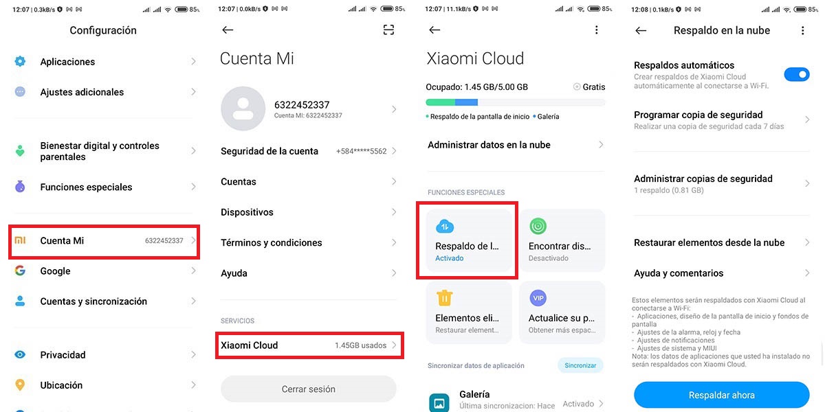 datos de tu Xiaomi nube cuadro entrar