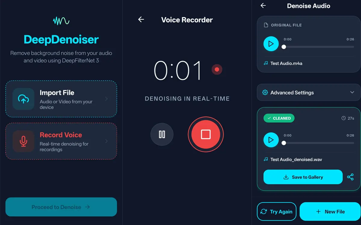 Imagen que muestra la interfaz de la app DeepDenoiser en Android