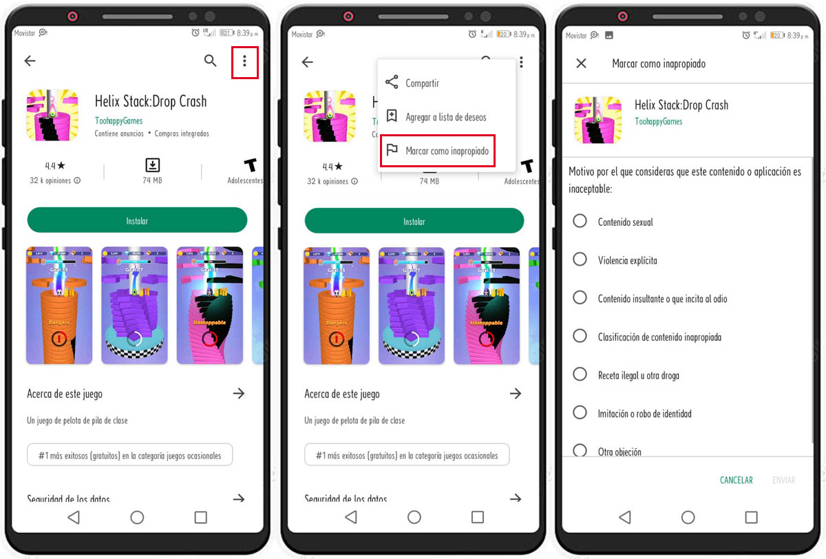 denuncia app o juego en google play store