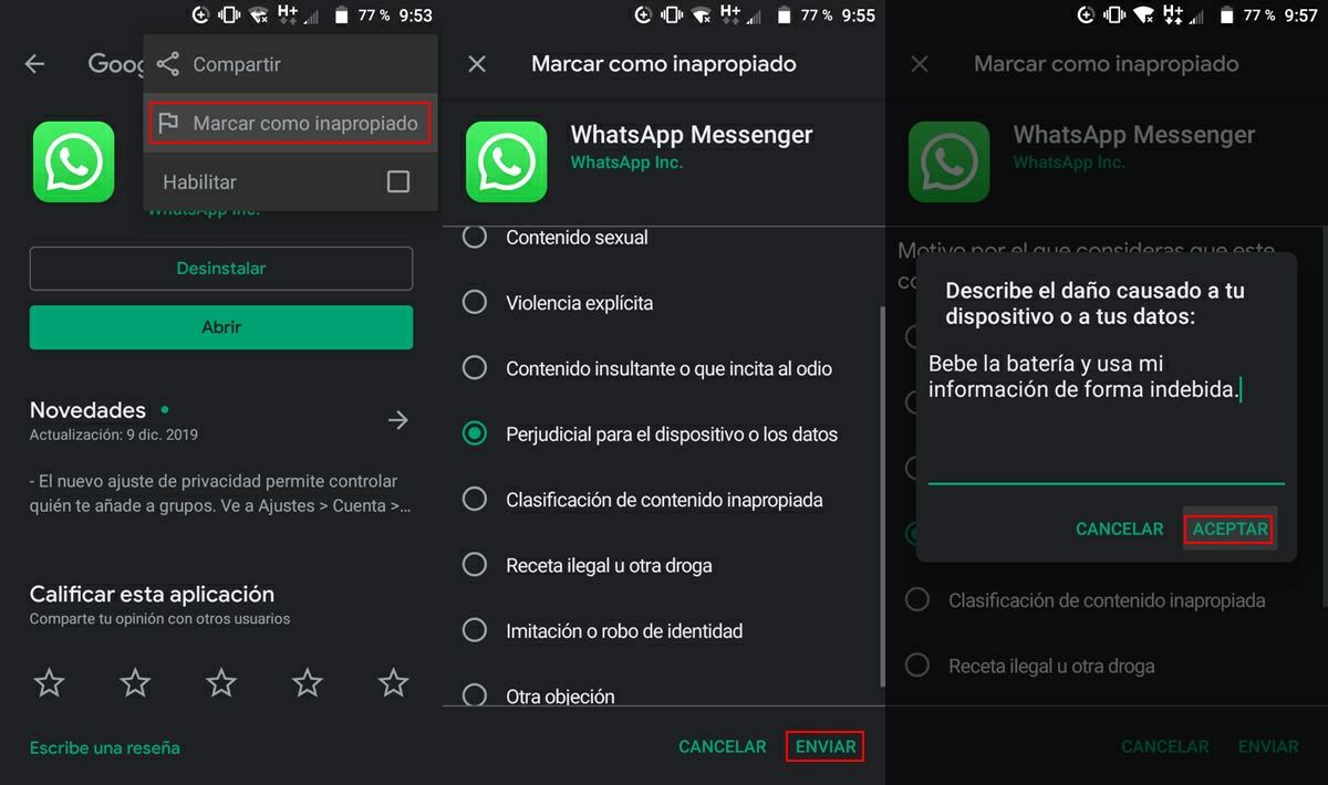 denunciar una app google play