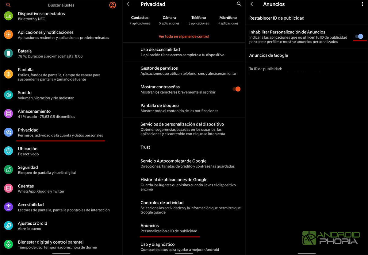 desactivar anuncios google android