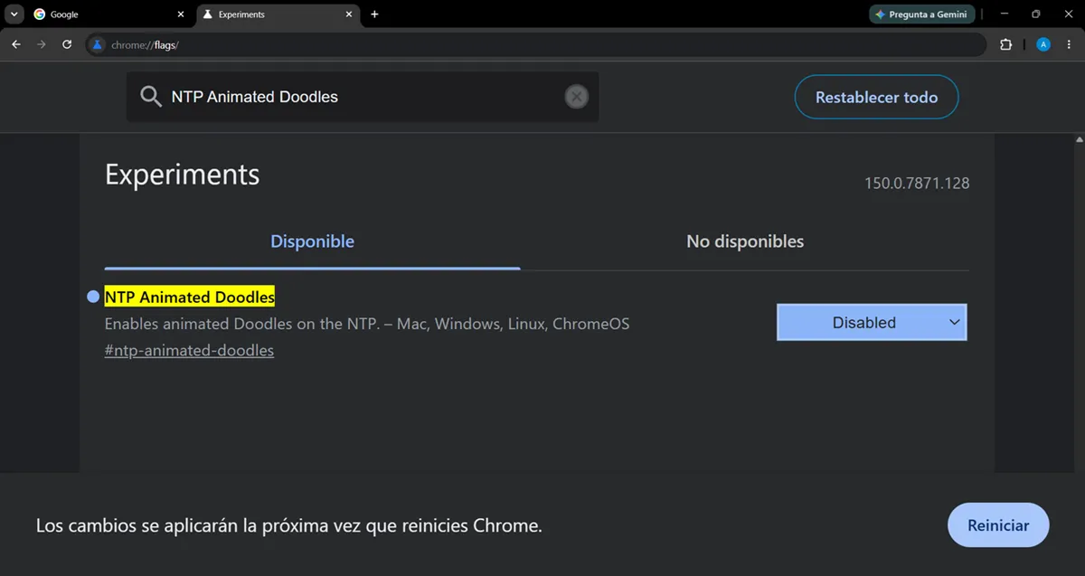 desactivar doodle animado de google chrome
