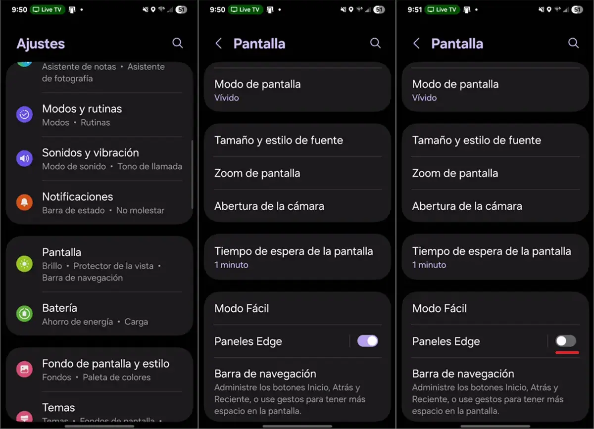 desactivar los paneles laterales en Samsung Galaxy