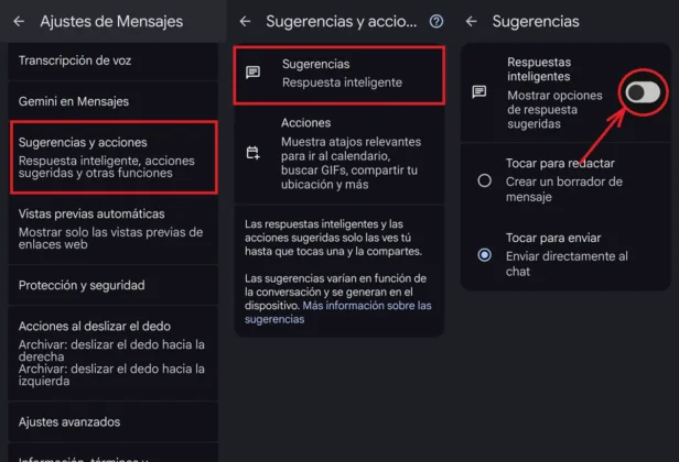 desactivar respuestas inteligentes de mensajes de google