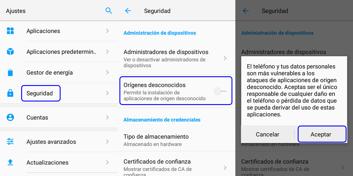 desbloquear origenes desconocidos desde los ajustes