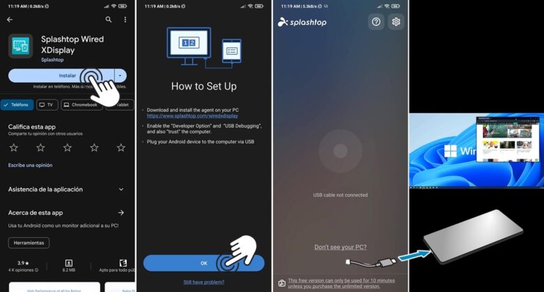 descarga la app Splashtop Wired XDisplay en tu movil android y abre la aplicacion