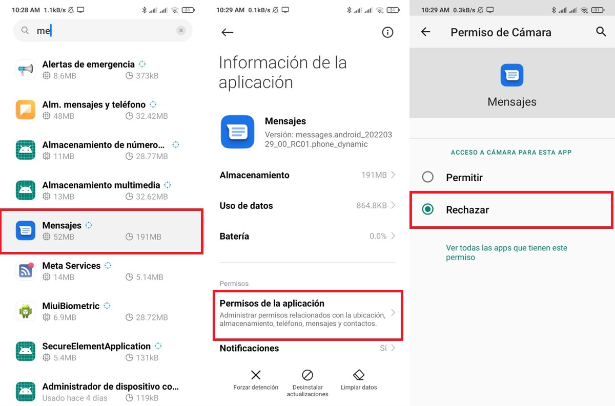 deshabilitar permiso de camara en la aplicacion mensajes de google