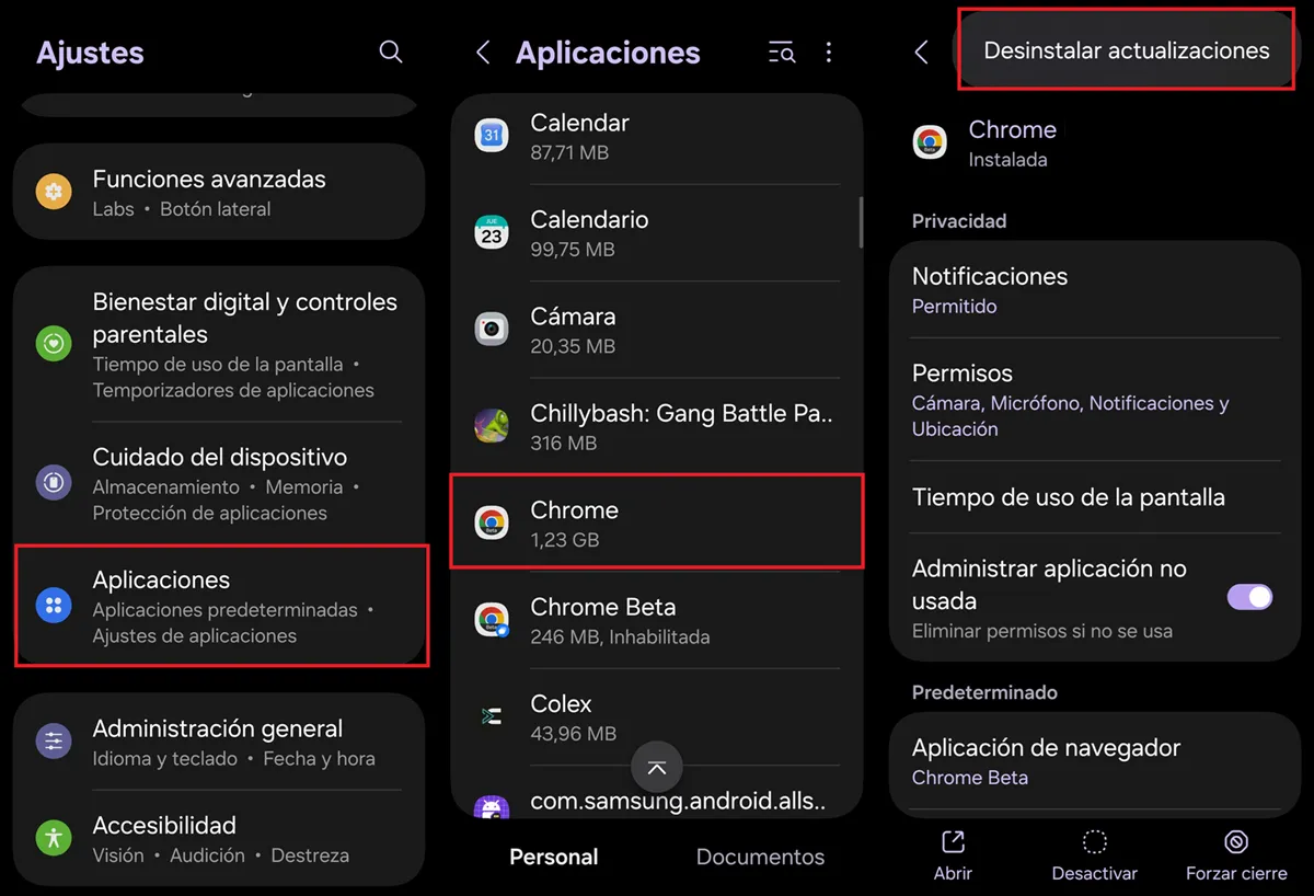desinstalar actualizaciones de chrome en tablet