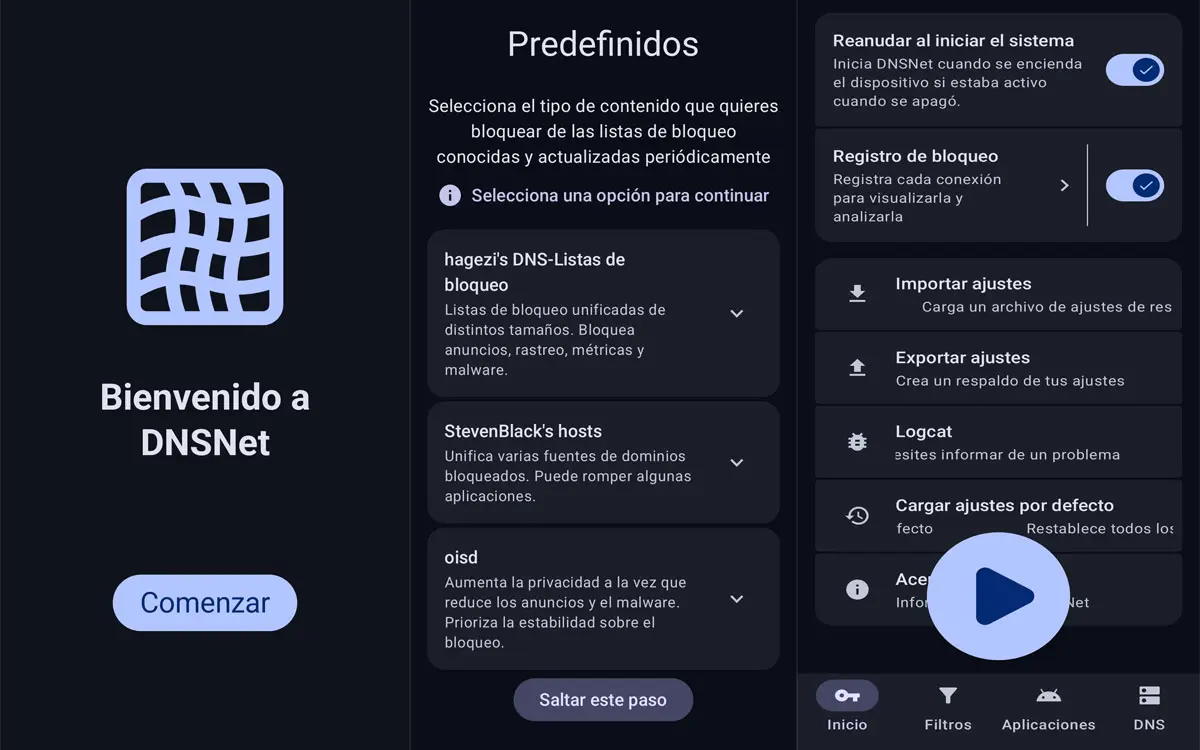 Capturas de la app DNSNet en su inicio