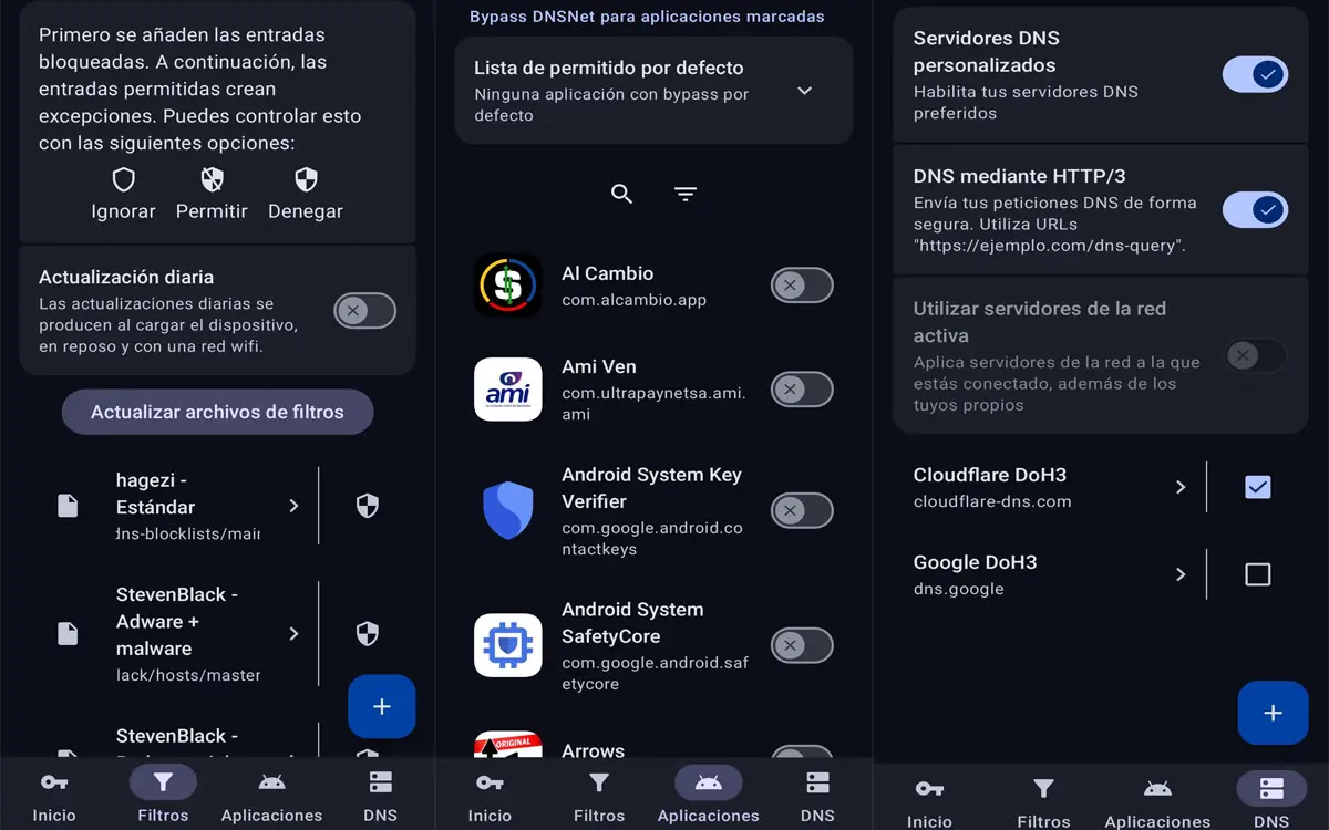 Vista de la interfaz en Android de la app DNSNet